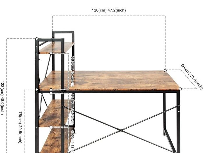 SALE Oak & Tea Computer Desk, Writing Desk with 4 Tier DIY Storage Shelves on Left or Right, 120 x 60 x 122cm Work Table for Office Living Room, Steel Frame, Industrial