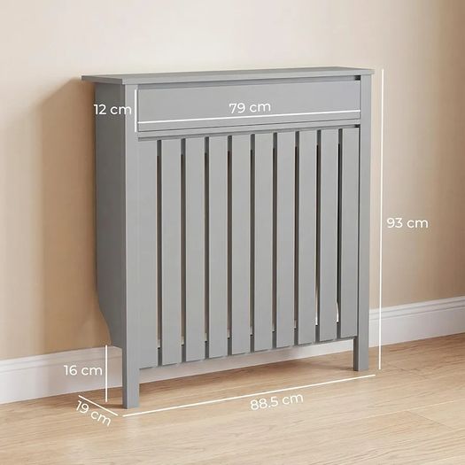 Radiator Cover with Drawer, Vertical Slatted Grill, Industrial MDF Wood Cabinet Shelf Heating Cover for Living Room, Bedroom, Hallway, Small, 88.5 x 19 x 93cm, Grey