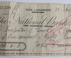 Vintage Cheque from The National Bank Limited, Dun Laoghaire Branch, dated August 25, 1943