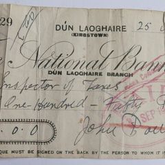 Vintage Cheque from The National Bank Limited, Dun Laoghaire Branch, dated August 25, 1943
