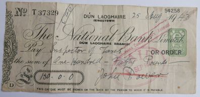 Vintage Cheque from The National Bank Limited, Dun Laoghaire Branch, dated August 25, 1943