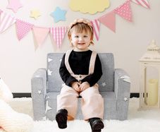Kids Sofa Bed 2-in-1 Flip Out Cuddly Flannel Toddler Couch Convertible Sofa to Lounger Children Sofa Bed Children's Day and Birthday Gift for Girls Boys, Grey with Stars