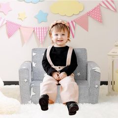 Kids Sofa Bed 2-in-1 Flip Out Cuddly Flannel Toddler Couch Convertible Sofa to Lounger Children Sofa Bed Children's Day and Birthday Gift for Girls Boys, Grey with Stars