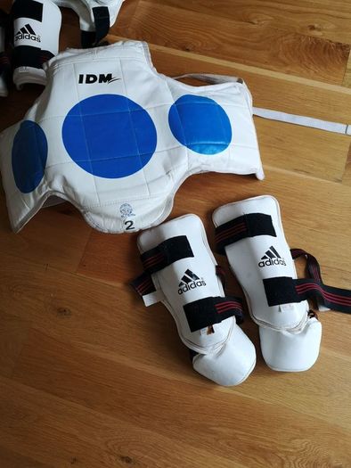 Taekwando protective gear - child. Arm guards, shin and foot guards, chest guard and head gear.
