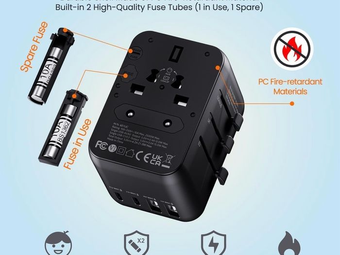 Universal Travel Adapter, Travel Plug Adapter Worldwide Travel Charger with 2 USB-C & 2 USB-A Ports, Dual 10A Fuses, All-in-One International Travel Adapter - EU UK US AU Plugs