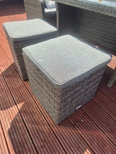 garden table, chairs and stools.