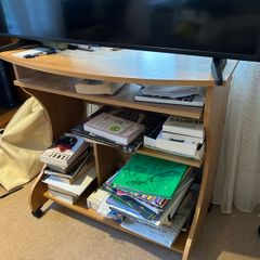 Wooden TV stand with wheels and storage shelves