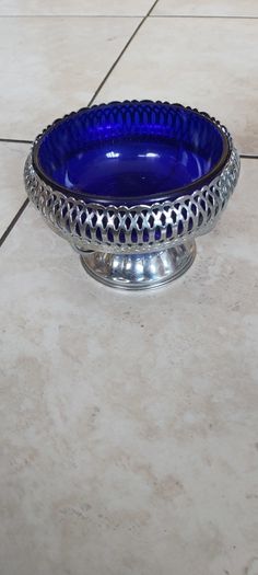 Vintage Queen Anne Cobalt Blue Glass & Chrome Plated Cream & Sugar Bowls Set of 2