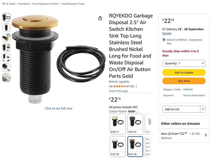 Garbage Disposal / Insinkerator Air Switch Button - Brushed Nickel Finish