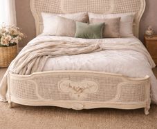 Vintage French Style Rattan / Cane Bed Frame - Cream Antique Finish - King Size