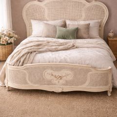 Vintage French Style Rattan / Cane Bed Frame - Cream Antique Finish - King Size