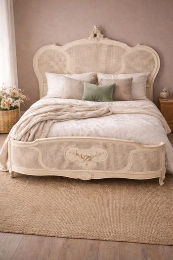 Vintage French Style Rattan / Cane Bed Frame - Cream Antique Finish - King Size