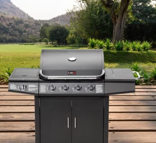 Pro Deluxe 5 Gas Burner 4+1 Barbecue Grill, Steel Warming Rack, Side-Burner, Built-in Temperature Gauge for Home Garden Party Outdoor Cooking (93411)