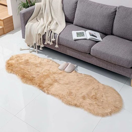 Faux Fur Sheepskin Rug, Beige, 2x6 ft | Super Soft Fluffy, High-Density Cushion, Bedroom Floor Sofa Living Room Runner, Plush Carpet, Sofa Cover Bedside