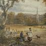 Unsigned Antique 19th century English school watercolour pastoral Landscape with church spire and figures Image 8