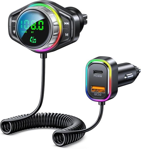 Bluetooth Car Adapter, Bluetooth 5.3 FM Transmitter for Car, 48W Dual USB Bluetooth Adapter with HiFi Sound & Bass Mode, Hands-Free Calling, Customizable RGB Light, Voice Assistant Support