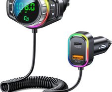 Bluetooth Car Adapter, Bluetooth 5.3 FM Transmitter for Car, 48W Dual USB Bluetooth Adapter with HiFi Sound & Bass Mode, Hands-Free Calling, Customizable RGB Light, Voice Assistant Support