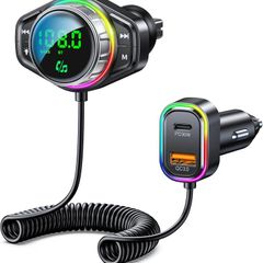 Bluetooth Car Adapter, Bluetooth 5.3 FM Transmitter for Car, 48W Dual USB Bluetooth Adapter with HiFi Sound & Bass Mode, Hands-Free Calling, Customizable RGB Light, Voice Assistant Support