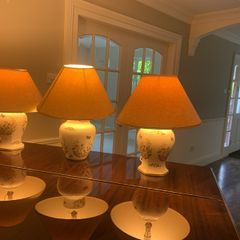 A pair of large Aynsley lamps and a matching slightly larger one. all 3 complete with lampshades.  Excellent condition
