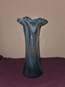 Retro Aqua Blue Ruffled Top Glass Vase