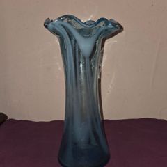 Retro Aqua Blue Ruffled Top Glass Vase