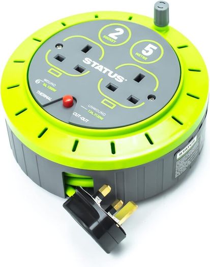 2 Socket Cable Reel | 5m Green Extension Lead | 13A with Thermal Cut Out | Heavy Duty Outdoor Extension Lead