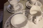 Rare find 15 pieces set Johnson Brothers Ironstone, Pattern 1H1, Vintage Set Of 4 cups and saucers with side plates ,milk jug ,sugar bowl and large oval platter plate Swirl Edge, Platinum Trim