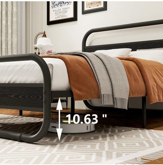 King Size Bed Frame Metal Platform Bed Frame with Wood Headboard