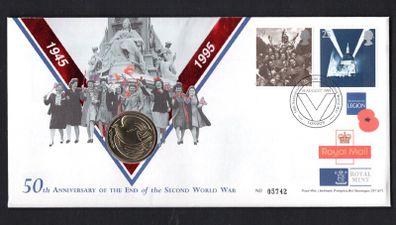 1995 Great Britain 50th Anniversary of End of the Second World War Philatelic Numismatic Cover (PNC) Cover including GB2 Coin & Commemorative Stamps