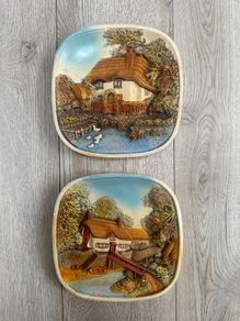 Vintage Legend Products England 3D Chalkware Cottage Plaques - Pair
