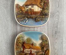 Vintage Legend Products England 3D Chalkware Cottage Plaques - Pair