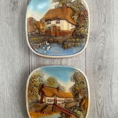 Vintage Legend Products England 3D Chalkware Cottage Plaques - Pair
