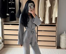 H&M viral grey knit trousers and belted cardigan set. Size S, New with tags