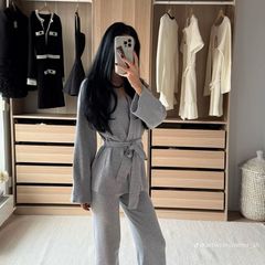 H&M viral grey knit trousers and belted cardigan set. Size S, New with tags