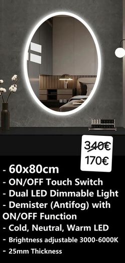 LED Bathroom Mirror Bright Oval Cosmetic Makeup