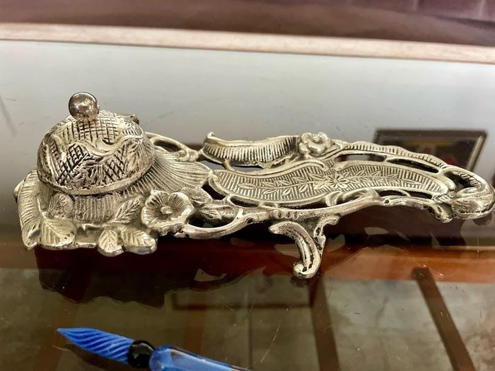 Vintage Art Nouveau Style Inkwell with Pen Tray Ink Pot Insert and Glass Dip Pen