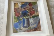 picture watercolour still life flowers in a vase on a table indistinctly signed