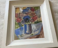 picture watercolour still life flowers in a vase on a table indistinctly signed