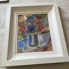 picture watercolour still life flowers in a vase on a table indistinctly signed