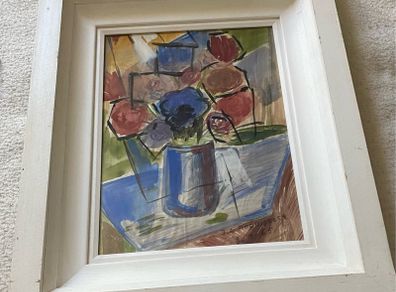 picture watercolour still life flowers in a vase on a table indistinctly signed