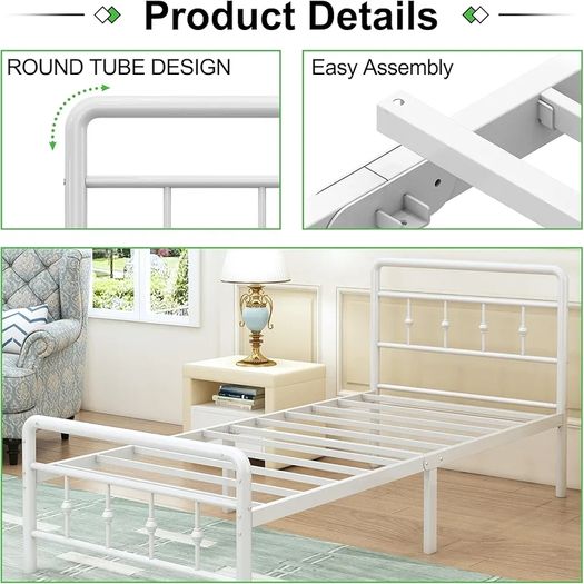 Single Bed Frame 3ft with Headboard and Footboard, Single Metal Bed Frame 46 cm High with Steel Slats Support, Noise Free, Easy Assembly, White