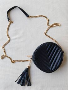 Made in Italy Black Quilted Round Crossbody Bag Gold Chain