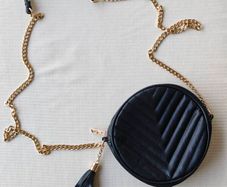 Made in Italy Black Quilted Round Crossbody Bag Gold Chain
