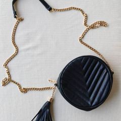 Made in Italy Black Quilted Round Crossbody Bag Gold Chain