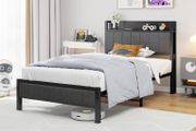 Single Bed Frame with Storage Headboard Shelf, 3ft Upholstered