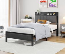Single Bed Frame with Storage Headboard Shelf, 3ft Upholstered