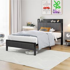Single Bed Frame with Storage Headboard Shelf, 3ft Upholstered