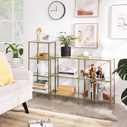 bathroom shelf, standing shelf, kitchen shelf, hallway shelf, living room shelf, plant shelf with 4 shelves made of tempered glass, stable, easy to assemble, living room, bedroom, office, gold-colored
