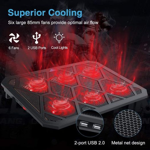 Laptop and Notebook Cooling Pad With 6 Fans at 1400 RPM and Red LED Laptop Cooler fits up tp 19"