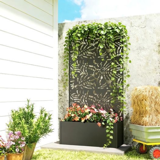 Planter with Trellis, Flower Box, with Privacy Screen, for Climbing Plants, Metal, 90 x 37.5 x 180 cm, black